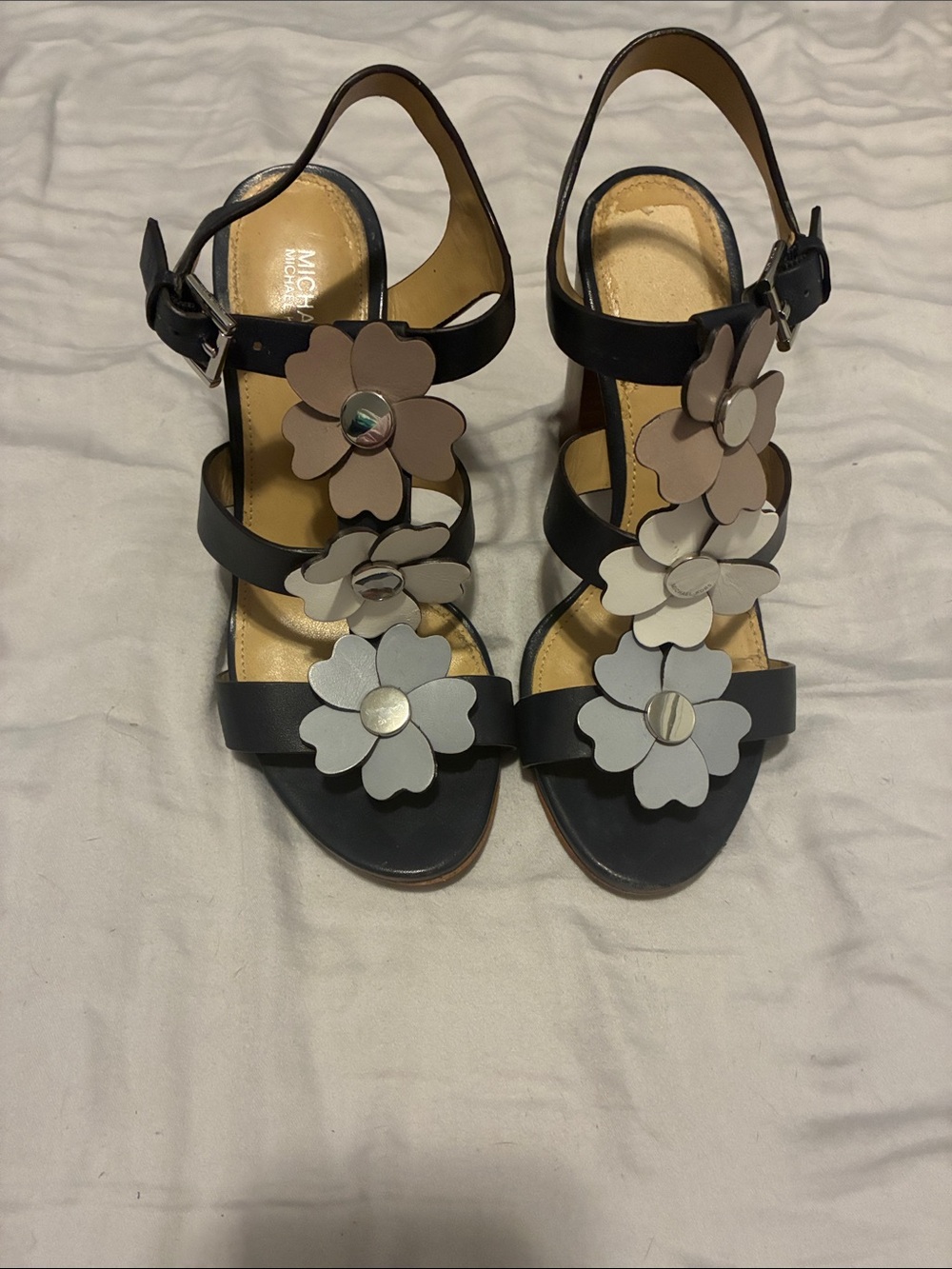Michael Kors Navy Blue 3” heel Sandals with Neutral Floral Appliqués